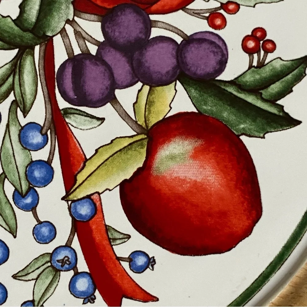 Dansk Wood & Tile Trivet Holiday Harvest Fruits Red Bow 7.5” EUC Round Christmas